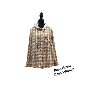 Time Tru Women's Button Down Hooded Drawstring Flannel Shirt L Size Brown Acorn